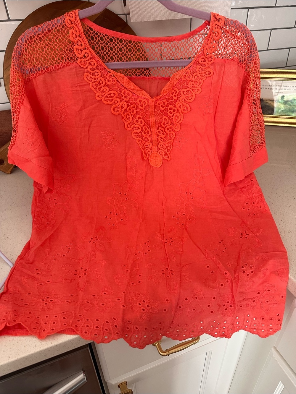 Women’s Coral Lace Trim V-Neck Top - Picture 2 of 4